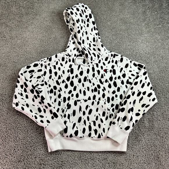 Champion Reverse Weave Hoodie Womens M White Black Cow Spots Sweatshirt - Picture 1 of 12